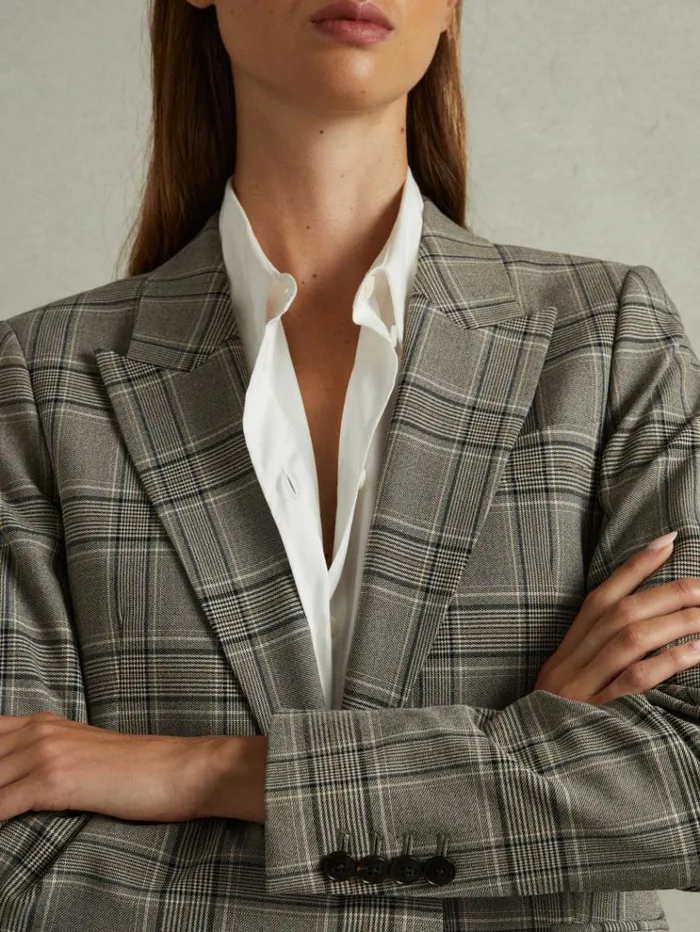REISS Blazers and Jackets Women Checked Slim Fit Suit Blazer Grey Check