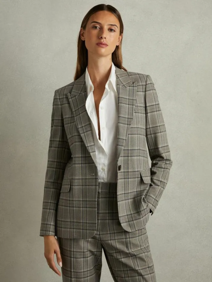 REISS Blazers and Jackets Women Checked Slim Fit Suit Blazer Grey Check