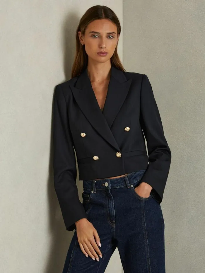 REISS Blazers and Jackets Women Cropped WoolBlend DoubleBreasted Blazer Navy