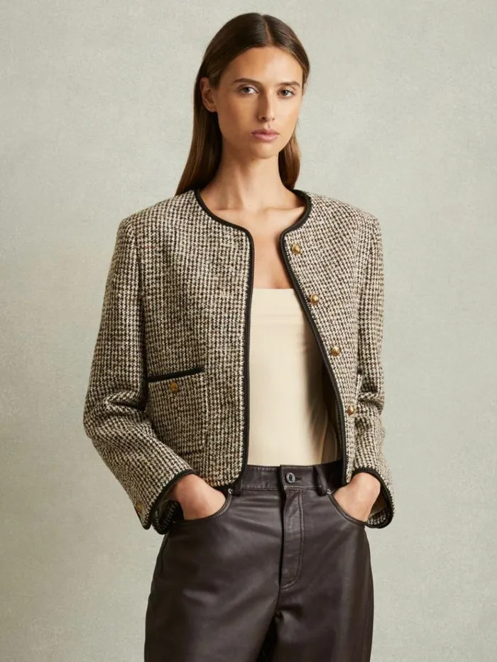 REISS Blazers and Jackets Women Cropped Wool Blend Tweed Jacket Brown