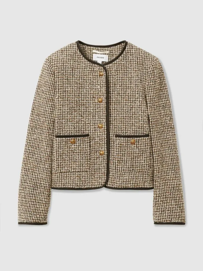 REISS Blazers and Jackets Women Cropped Wool Blend Tweed Jacket Brown