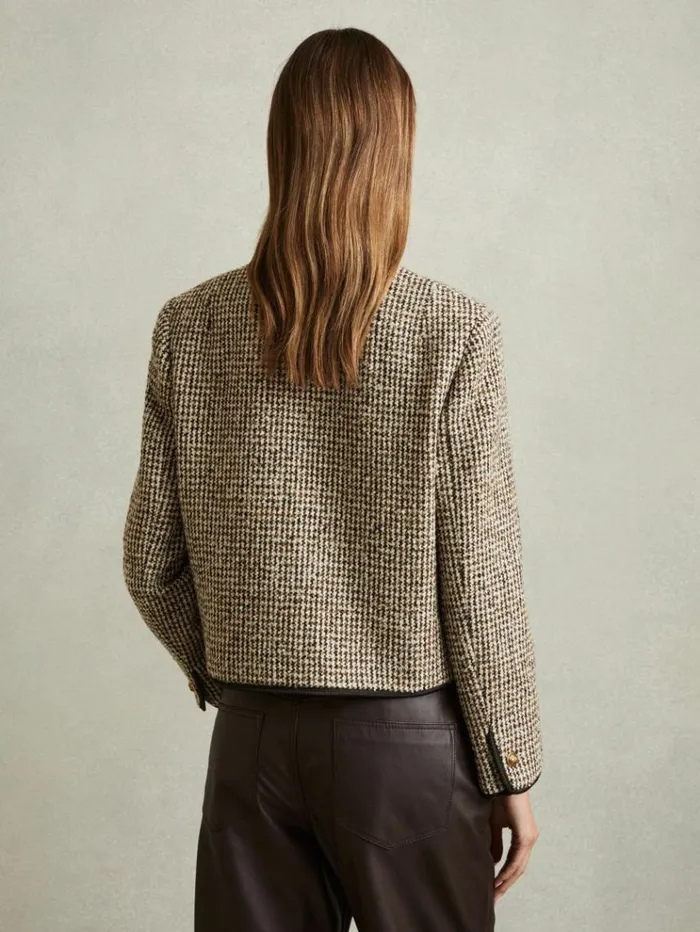 REISS Blazers and Jackets Women Cropped Wool Blend Tweed Jacket Brown