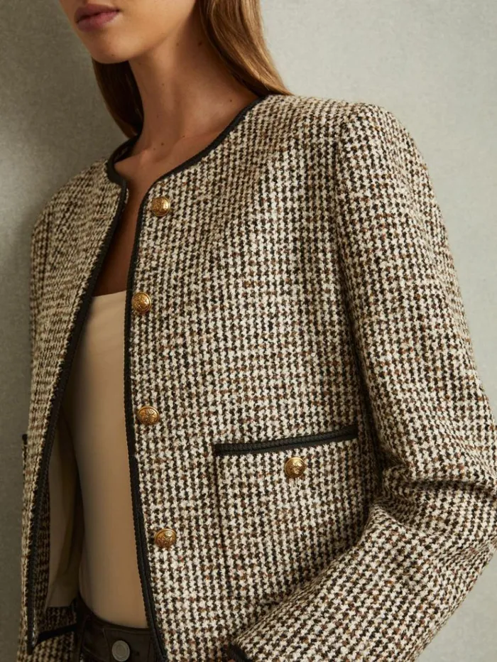 REISS Blazers and Jackets Women Cropped Wool Blend Tweed Jacket Brown