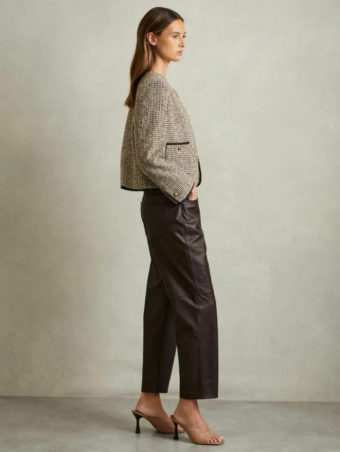 REISS Blazers and Jackets Women Cropped Wool Blend Tweed Jacket Brown