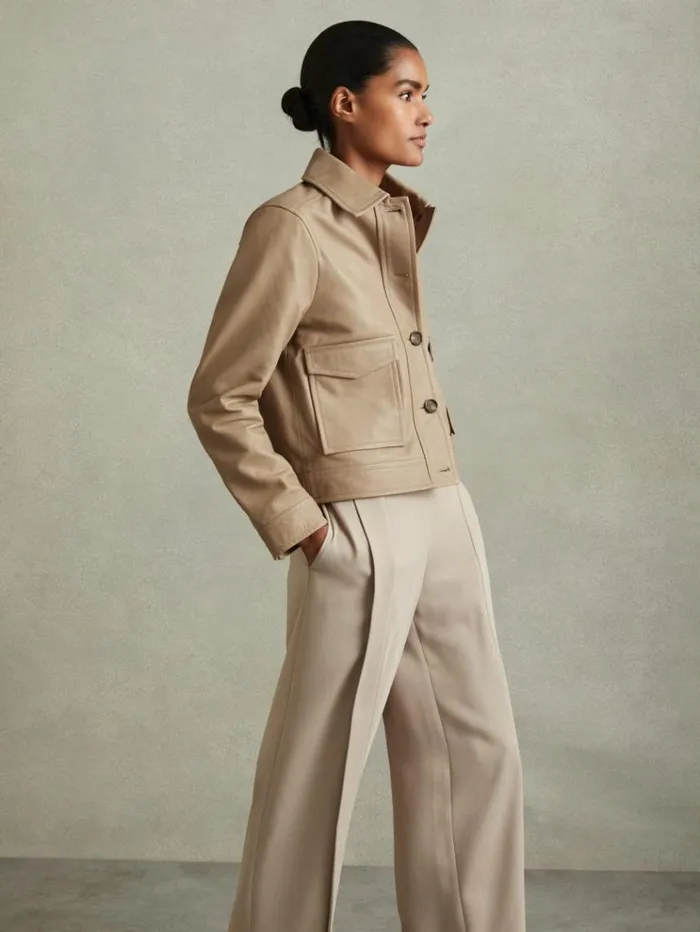 REISS Blazers and Jackets Women Leather Trucker Jacket Neutral