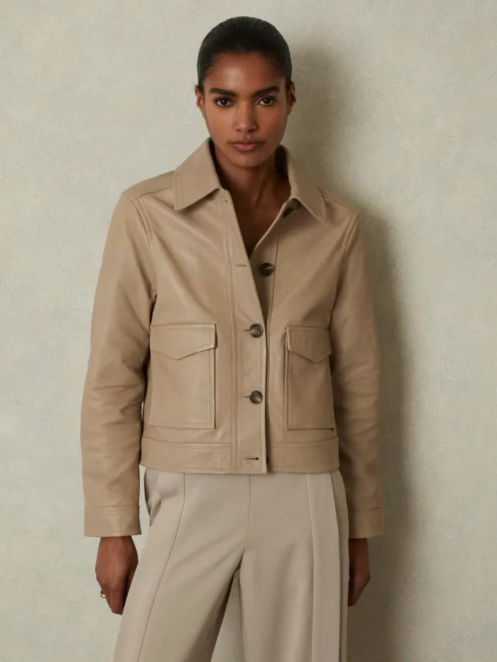 REISS Blazers and Jackets Women Leather Trucker Jacket Neutral