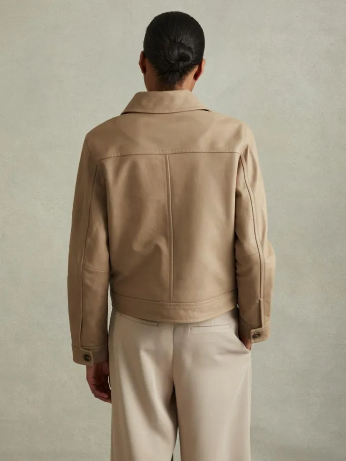 REISS Blazers and Jackets Women Leather Trucker Jacket Neutral