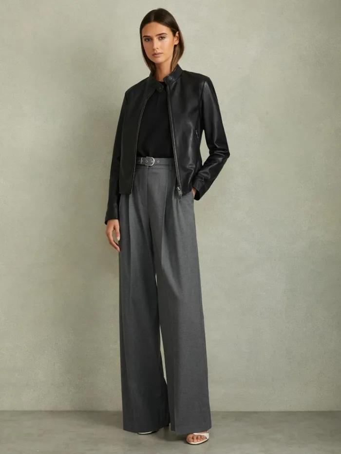 REISS Blazers and Jackets Women Leather ZipFront Biker Jacket Black