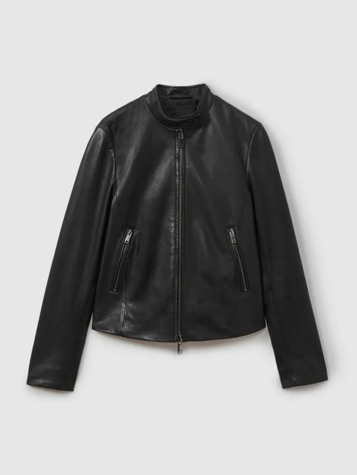 REISS Blazers and Jackets Women Leather ZipFront Biker Jacket Black