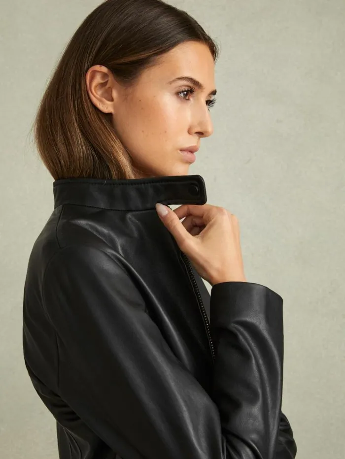 REISS Blazers and Jackets Women Leather ZipFront Biker Jacket Black