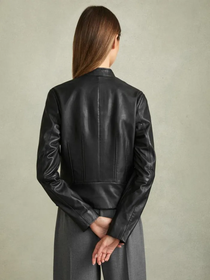 REISS Blazers and Jackets Women Leather ZipFront Biker Jacket Black