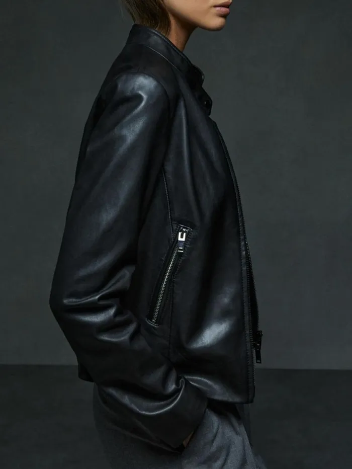REISS Blazers and Jackets Women Leather ZipFront Biker Jacket Black