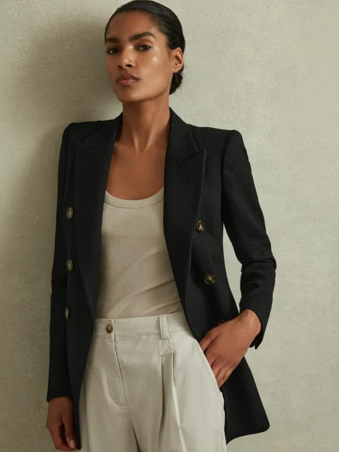 REISS Blazers and Jackets Women Tailored Textured Wool Blend Double Breasted Blazer Black REISS Blazers and Jackets Women Tailored Textured Wool Blend Double Breasted Blazer Black