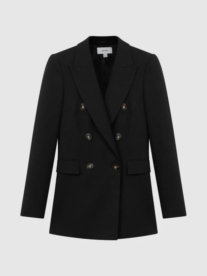 REISS Blazers and Jackets Women Tailored Textured Wool Blend Double Breasted Blazer Black
