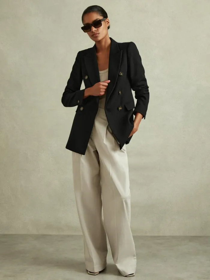 REISS Blazers and Jackets Women Tailored Textured Wool Blend Double Breasted Blazer Black