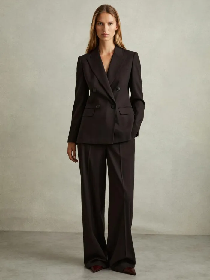 REISS Blazers and Jackets Women Wool Blend Double Breasted Suit Blazer Chocolate