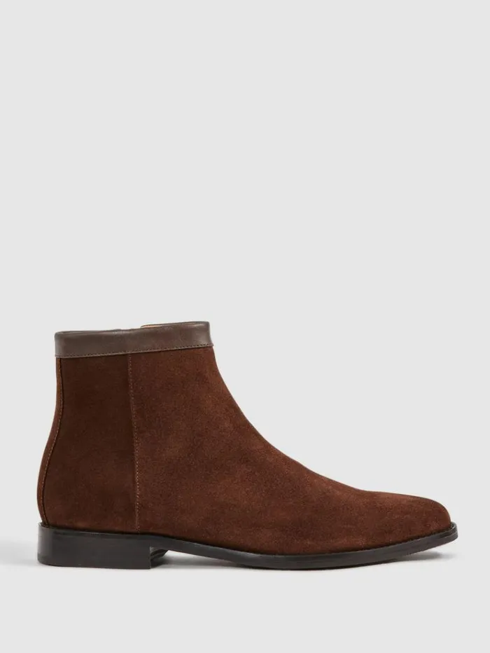REISS Boots Men Suede ZipThrough Boots Brown