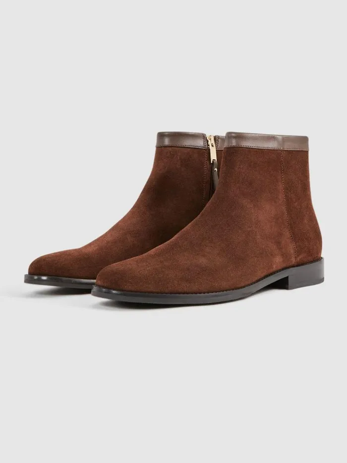 REISS Boots Men Suede ZipThrough Boots Brown