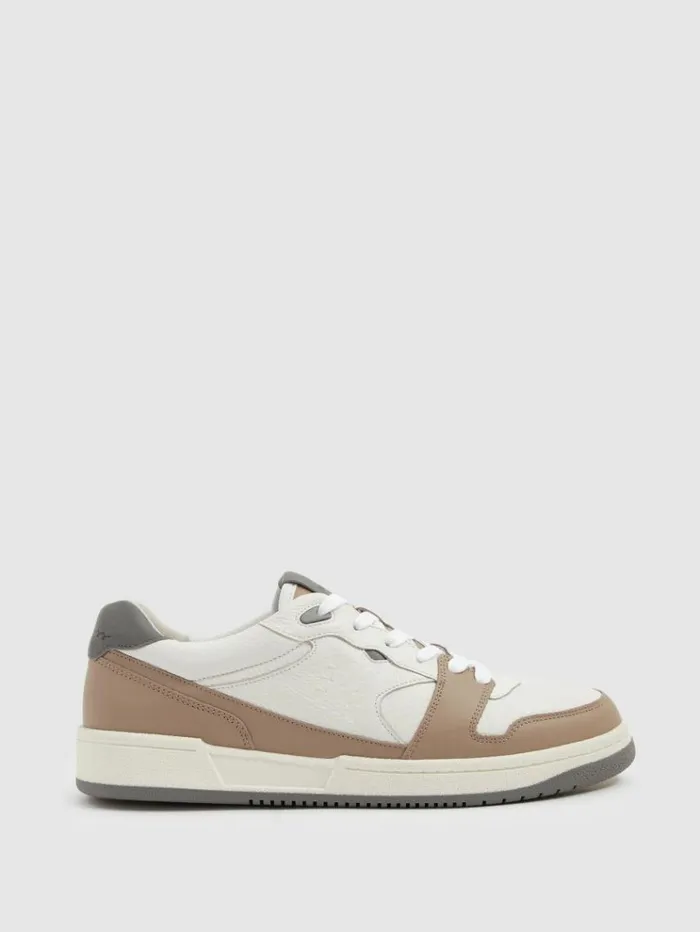 REISS Casual Shoes Men Leather Lace Up Trainers Light Brown White