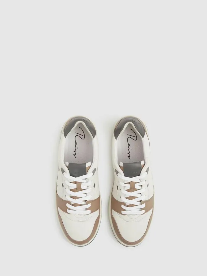 REISS Casual Shoes Men Leather Lace Up Trainers Light Brown White