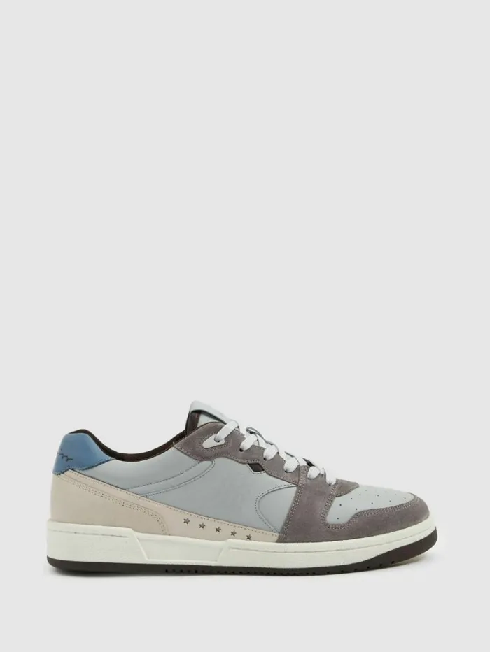 REISS Casual Shoes Men Leather Lace Up Trainers Soft Bluegrey