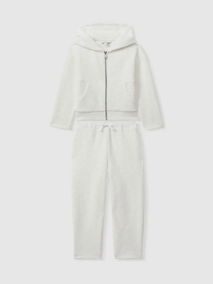 REISS CoOrds Children Cotton Blend Boucle Hoodie And Joggers Set Cream