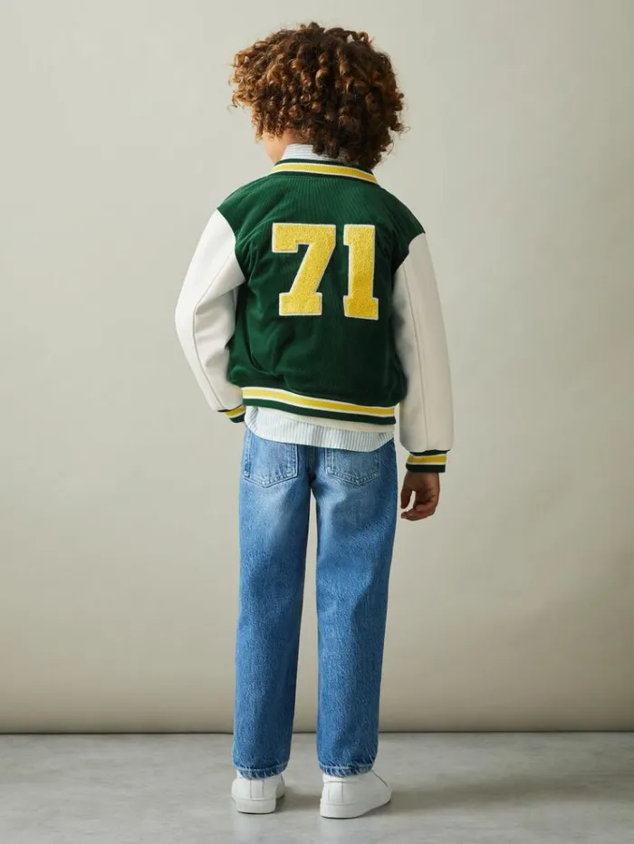 REISS Coats and Jackets Children Hybrid CordFaux Leather Varsity Bomber Jacket Forest Green