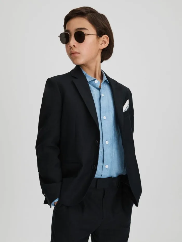 REISS Coats and Jackets Children Slim Fit Single Breasted Linen Blazer Navy