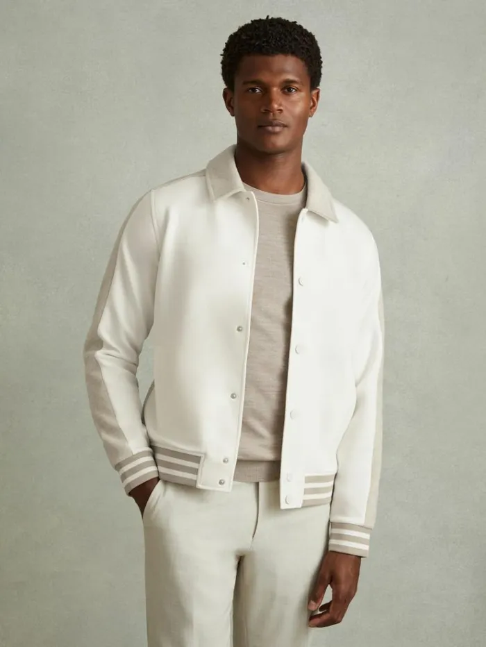 REISS Coats and Jackets Men Hybrid Interlock Jersey Bomber Jacket Optic Whitesoft Grey Melange REISS Coats and Jackets Men Hybrid Interlock Jersey Bomber Jacket Optic Whitesoft Grey Melange