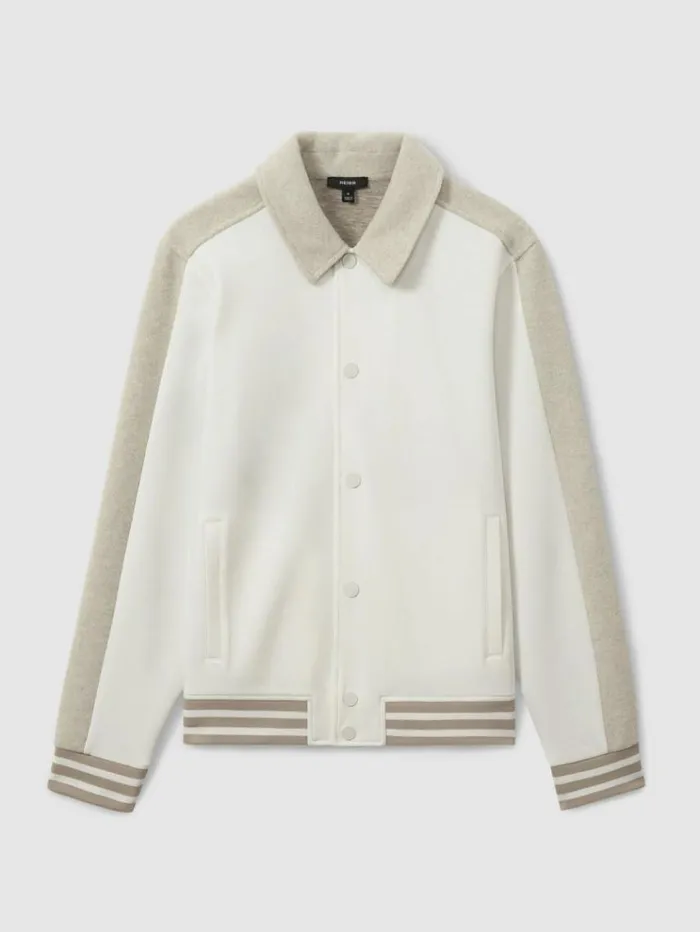 REISS Coats and Jackets Men Hybrid Interlock Jersey Bomber Jacket Optic Whitesoft Grey Melange