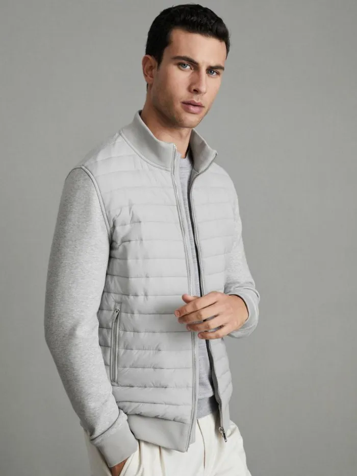 REISS Coats and Jackets Men Hybrid Quilt And Knit ZipThrough Jacket Soft Grey Melange REISS Coats and Jackets Men Hybrid Quilt And Knit ZipThrough Jacket Soft Grey Melange
