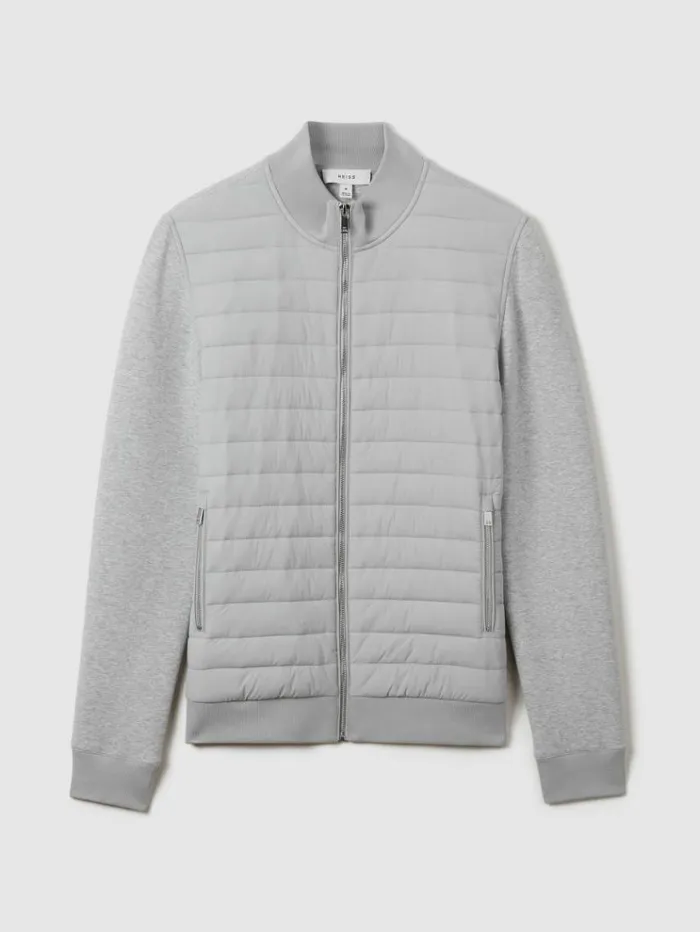 REISS Coats and Jackets Men Hybrid Quilt And Knit ZipThrough Jacket Soft Grey Melange