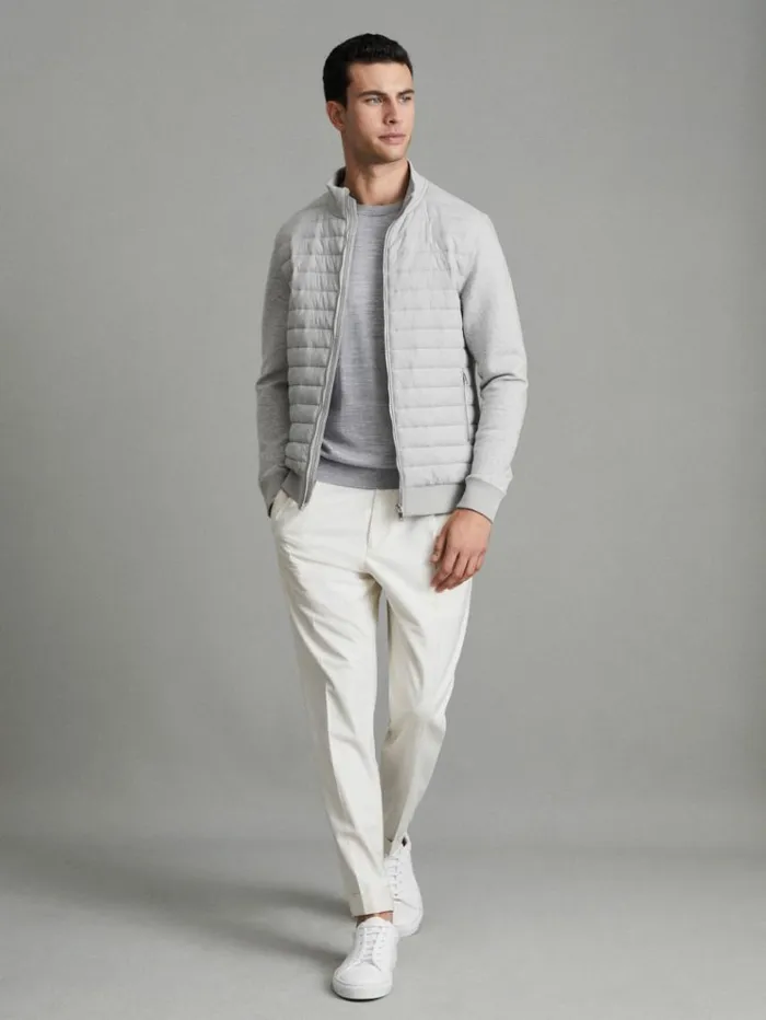 REISS Coats and Jackets Men Hybrid Quilt And Knit ZipThrough Jacket Soft Grey Melange