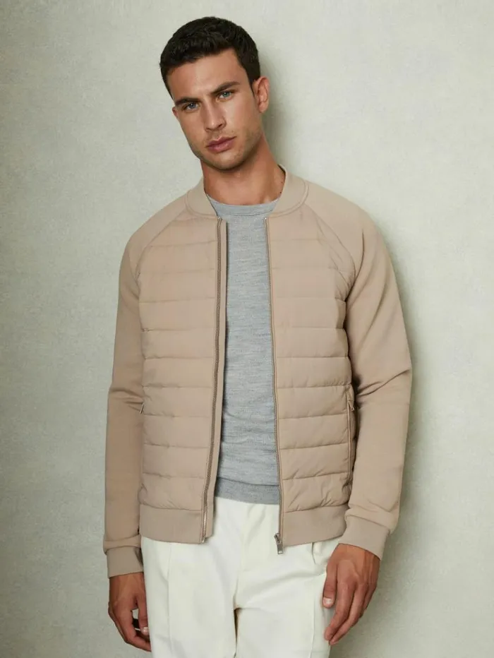 REISS Coats and Jackets Men Hybrid Quilt RaglanSleeve Bomber Jacket Biscuit Brown REISS Coats and Jackets Men Hybrid Quilt RaglanSleeve Bomber Jacket Biscuit Brown