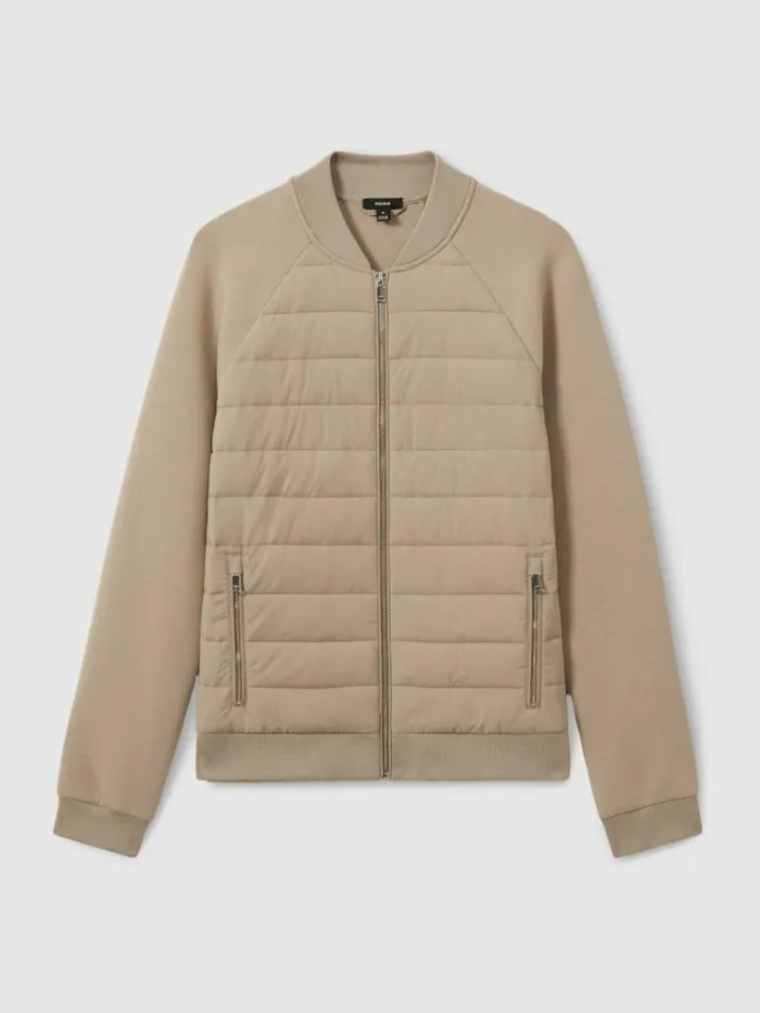 REISS Coats and Jackets Men Hybrid Quilt RaglanSleeve Bomber Jacket Biscuit Brown