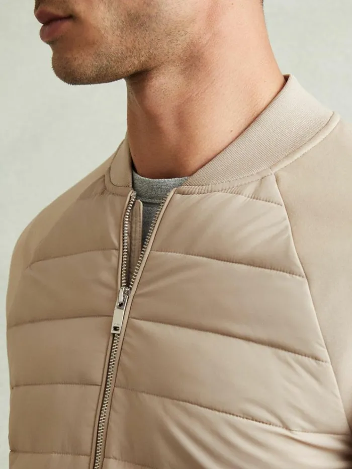 REISS Coats and Jackets Men Hybrid Quilt RaglanSleeve Bomber Jacket Biscuit Brown