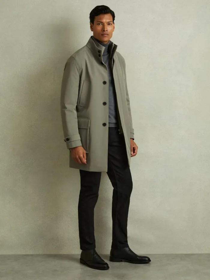 REISS Coats and Jackets Men Hybrid Removable Funnel Neck Overcoat Pistachio Green REISS Coats and Jackets Men Hybrid Removable Funnel Neck Overcoat Pistachio Green