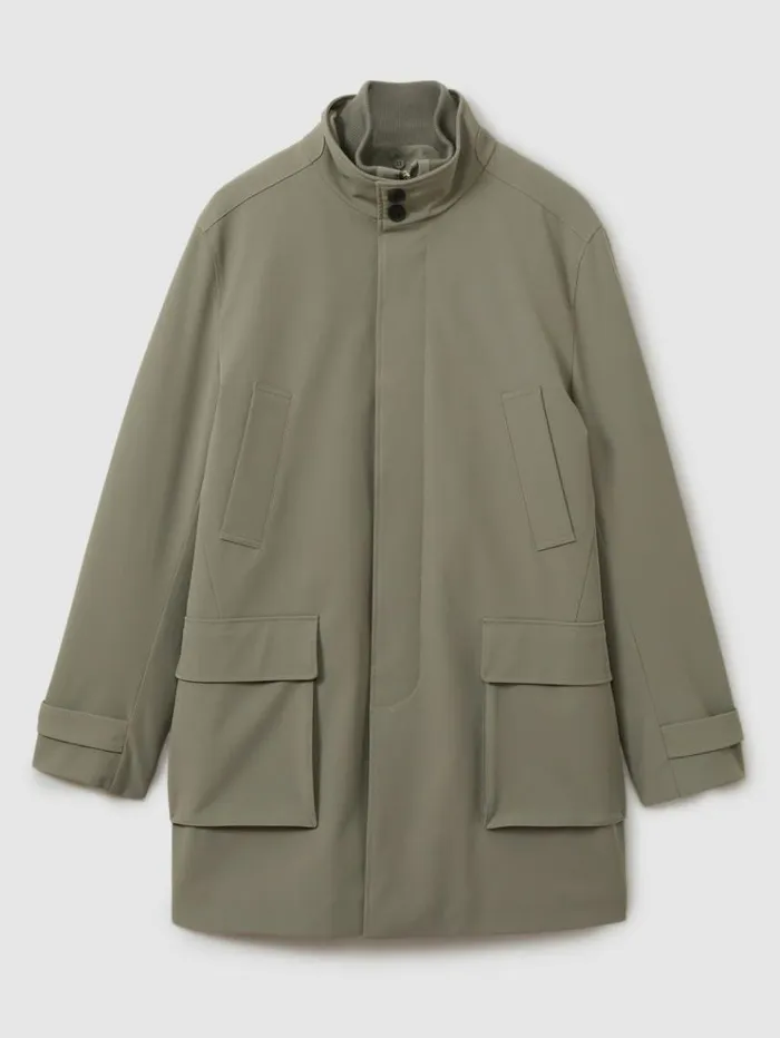 REISS Coats and Jackets Men Hybrid Removable Funnel Neck Overcoat Pistachio Green