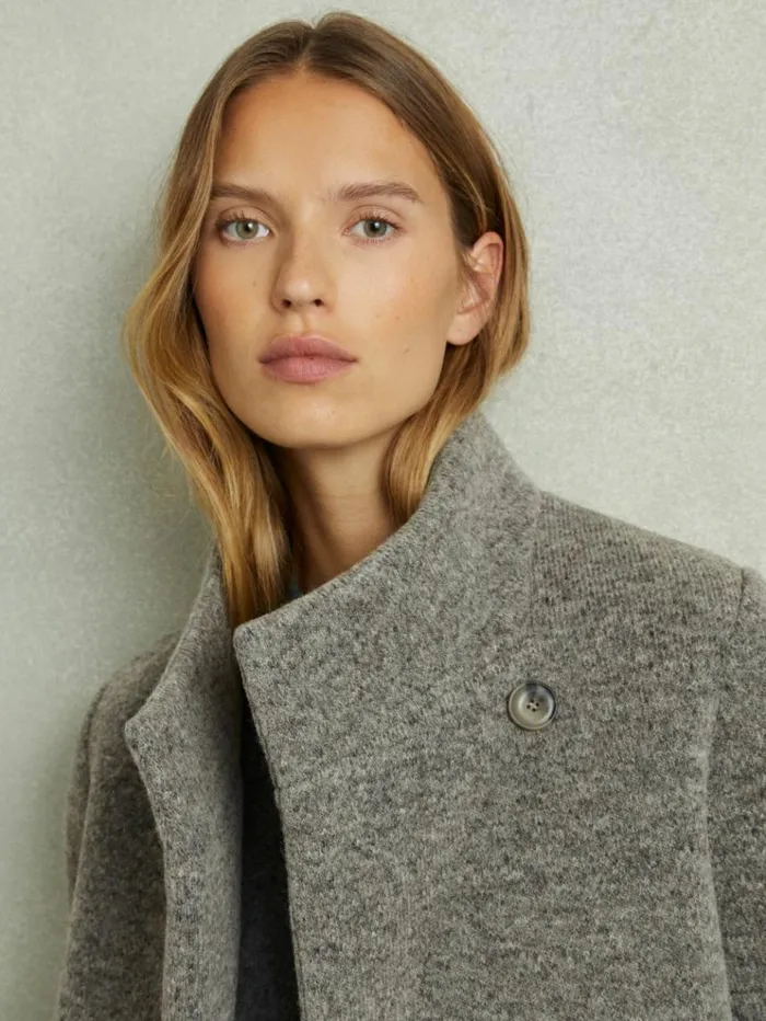 REISS Coats and Jackets Women Knitted FunnelNeck Coat Grey