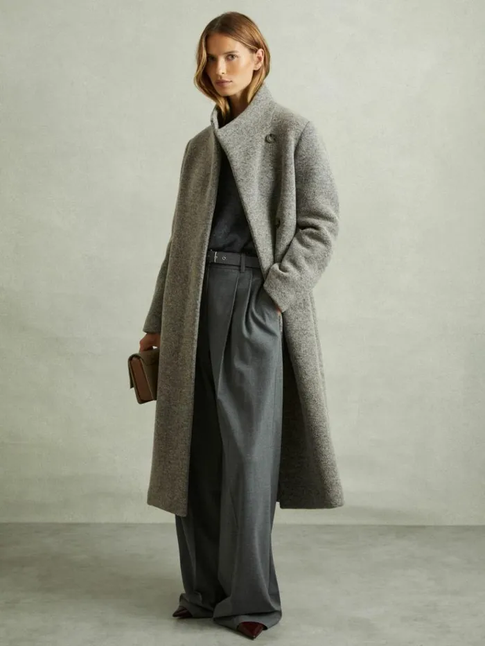 REISS Coats and Jackets Women Knitted FunnelNeck Coat Grey