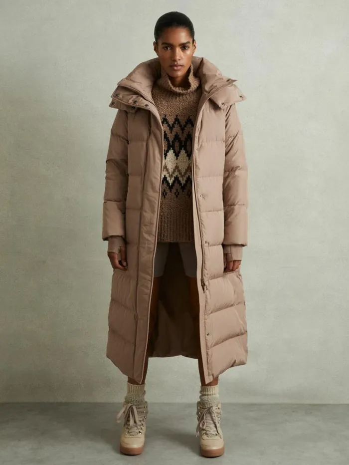 REISS Coats and Jackets Women Longline Hooded Puffer Coat Mink Neutral