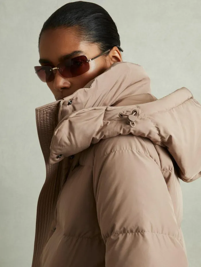 REISS Coats and Jackets Women Longline Hooded Puffer Coat Mink Neutral