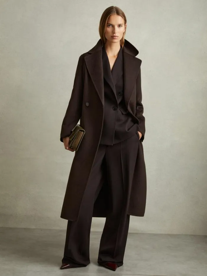 REISS Coats and Jackets Women Wool Blend Double Breasted Blindseam Coat Chocolate