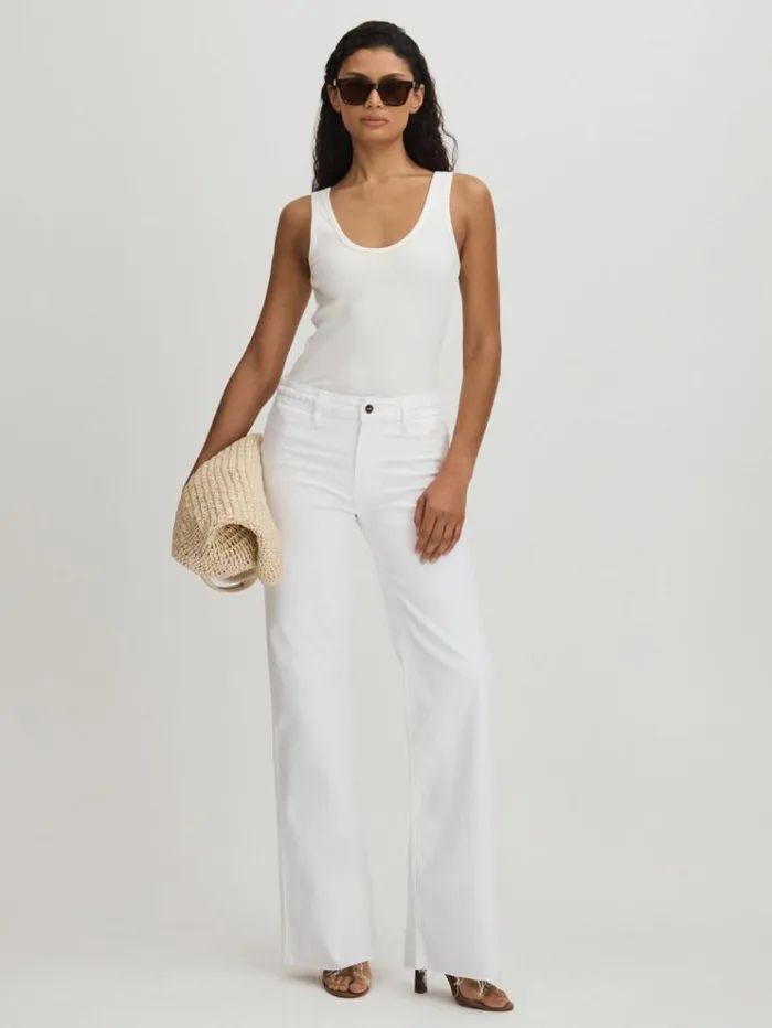 REISS Denim Women Paige Braided Waist Wide Leg Jeans Crisp White