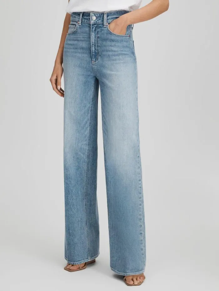 REISS Denim Women Paige Wide Leg Distressed Jeans Magnifique Blue