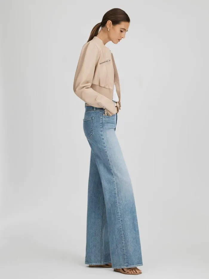 REISS Denim Women Paige Wide Leg Distressed Jeans Magnifique Blue