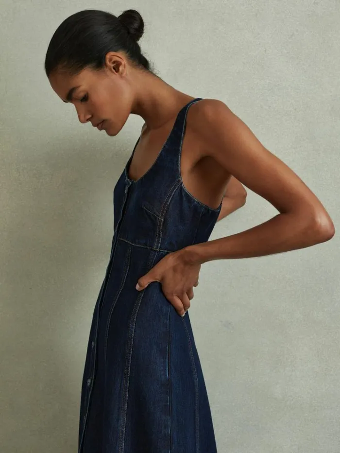 REISS Dresses Women ALine Viscose Blend Denim Midi Dress Dark Blue