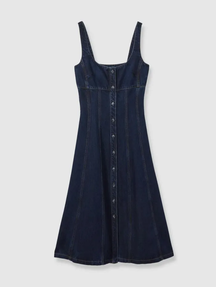 REISS Dresses Women ALine Viscose Blend Denim Midi Dress Dark Blue