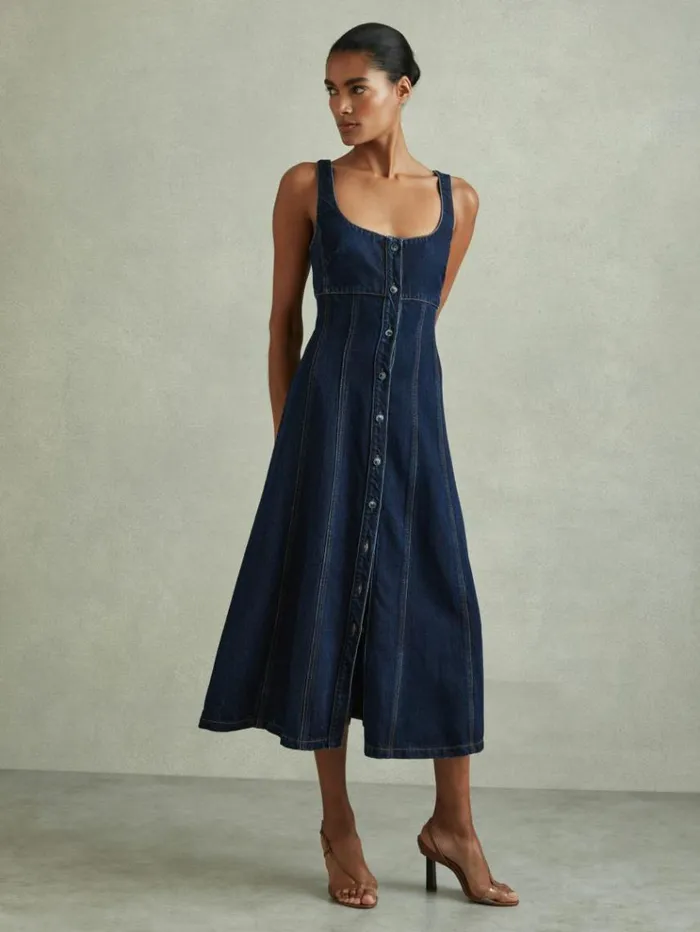 REISS Dresses Women ALine Viscose Blend Denim Midi Dress Dark Blue