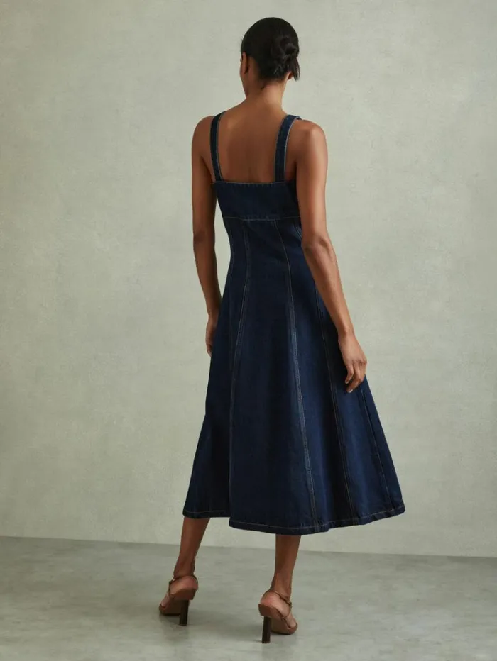 REISS Dresses Women ALine Viscose Blend Denim Midi Dress Dark Blue